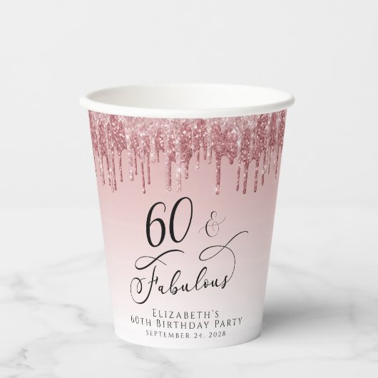 Elegant Glitter Roos Goud Roze 60ste Verjaardagsfe Papieren Bekers (Voorkant)