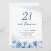 Elegant glitter script blue floral 21st jarig kaart (Voorkant / Achterkant)
