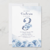 Elegant glitter script blue floral 3rd jarig kaart (Voorkant)