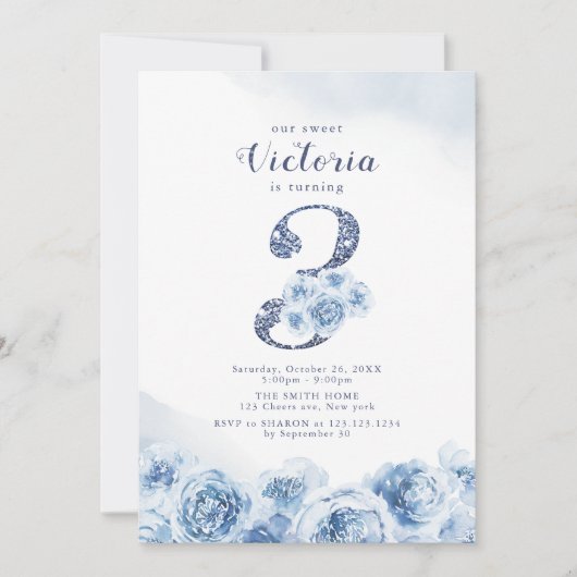 Elegant glitter script blue floral 3rd jarig kaart (Voorkant)