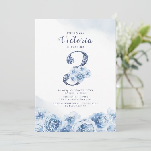 Elegant glitter script blue floral 3rd jarig kaart (Staand voorkant)