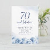 Elegant glitter script blue floral 70th jarig kaart (Staand voorkant)
