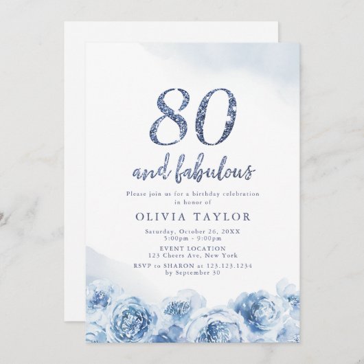 Elegant glitter script blue floral 80th jarig kaart (Voorkant / Achterkant)