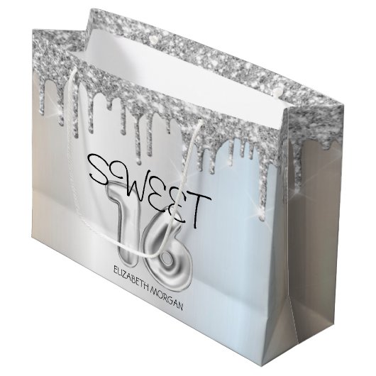 Elegant Glitter Silver Drips Sweet 16 Groot Cadeauzakje (Voorkant Gekanteld)