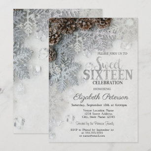 Elegant Glitter Snowflakes Pine Cones Sweet 16 Kaart