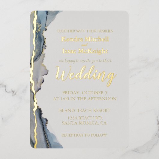 Elegant Glitter Stof Blauw Goud Folie Uitnodiging (Voorkant)