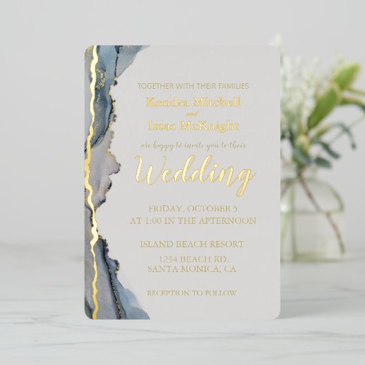 Elegant Glitter Stof Blauw Goud Folie Uitnodiging (Staand Voorkant)