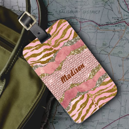 Elegant glittery blush roos animal print monogram bagagelabel