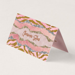 Elegant glittery blush roos animal print monogram visitekaartjes