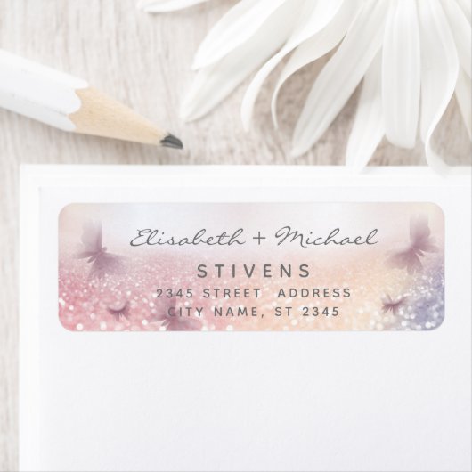 Elegant glittery butterfly script bruiloft label (Insitu)