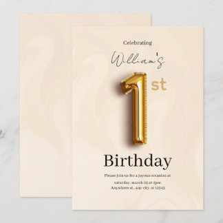 Elegant Gold 1st Birthday Invite, Minimalist Boy  Kaart