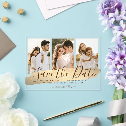 Elegant Gold 3 foto bruiloft Bewaar de datum Acryl Uitnodigingen (Insitu (Huwelijk))