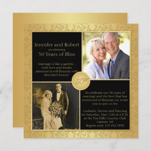 Elégant Gold 50e anniversaire Mariage Invitation (Devant / Derrière)
