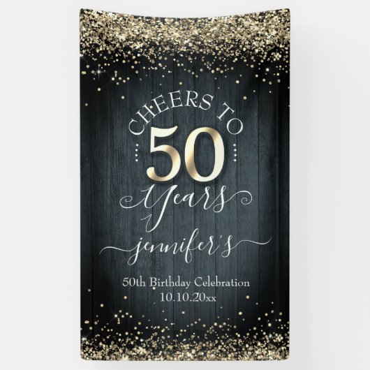 Elegant Gold 50th Birthday Script Spandoek (Verticaal)