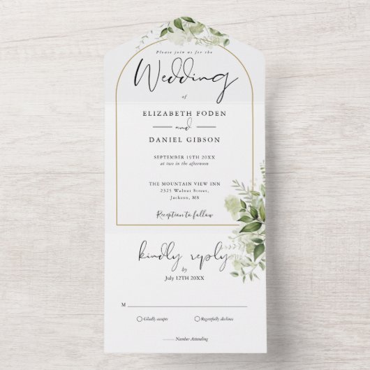 Elegant Gold Arch Botanical Greenery Wedding All In One Uitnodiging (Binnen)