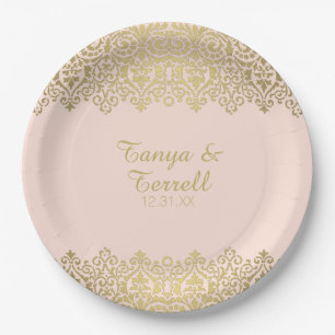 Elegant Gold Art Deco Lace Blush Wedding Papieren Bordje