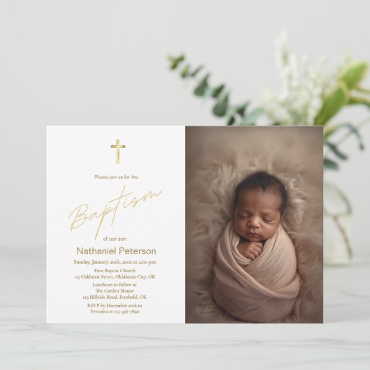 Elégant Gold Baby Boy Baptism Photo Invitation (Debout devant)
