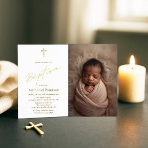 Elégant Gold Baby Boy Baptism Photo Invitation