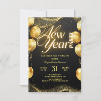 Elegant Gold Balloons New Year Party Kaart