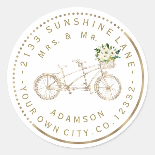 Elegant Gold Bicycle Floral Circular Address Label (Voorkant)