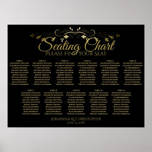 Elegant Gold Black 11 Tabel Wedding Seating Chart Poster (Voorkant)