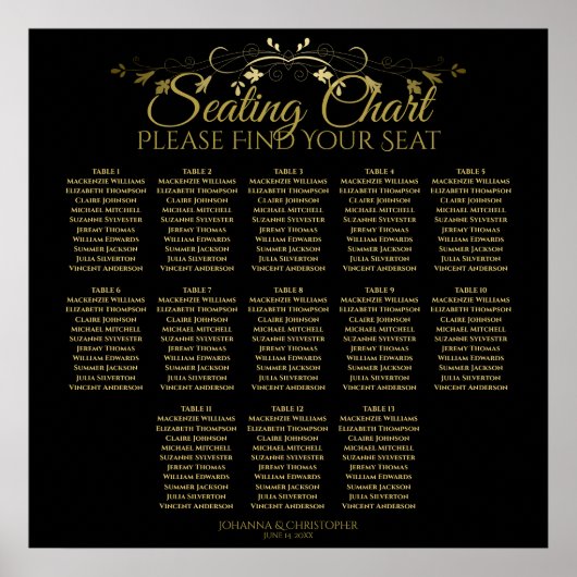 Elegant Gold Black 13 Tafel Wedding Seating Chart Poster (Voorkant)