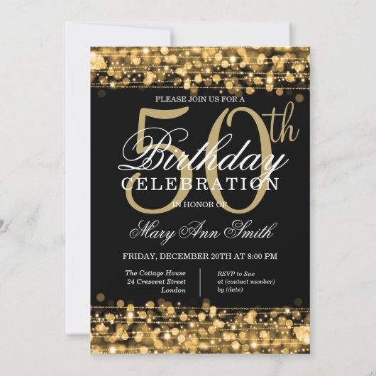 Elegant Gold & Black 50th Birthday Party Sparkles Kaart (Voorkant)