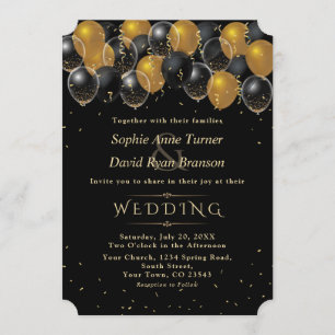 Elegant Gold Black Balloons Confetti Wedding Kaart