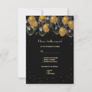 Elegant Gold Black Balloons Confetti Wedding RSVP Kaartje