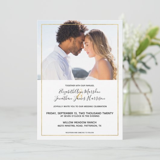 Elegant Gold Black Calligraphy Photo Wedding Kaart (Staand voorkant)
