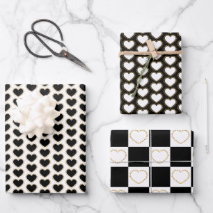 Elegant Gold, Black en White Hearts Pattern Inpakpapier Vel