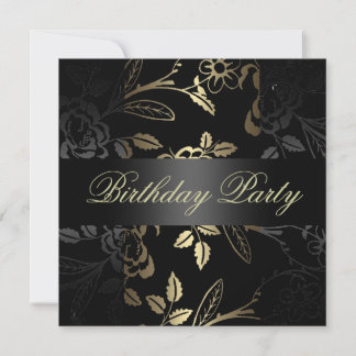 Elegant Gold/Black Flower Design Birthday Uitnodig Kaart