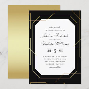 Elegant Gold & Black Geometric Wedding Kaart