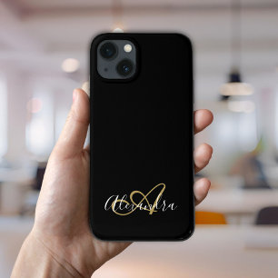 Elegant Gold Black Girly Script Name Monogram iPhone 13 Hoesje