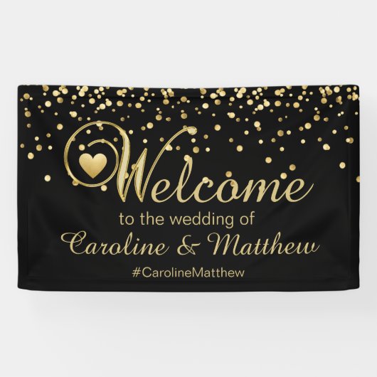 Elegant Gold Black Heart Welkom Weddenschap Spandoek (Horizontaal)