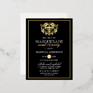 Elegant Gold & Black Masquerade Sweet 16 Party Folie Uitnodiging Briefkaart