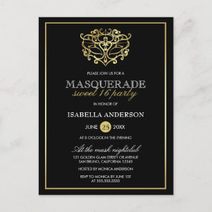 Elegant Gold & Black Masquerade Sweet 16 Party Uitnodiging Briefkaart
