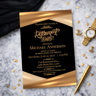 Elegant Gold Black Retirement Party Kaart