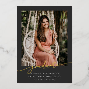 Elegant Gold Black Script Overlay Photo Afstuderen Folie Uitnodiging