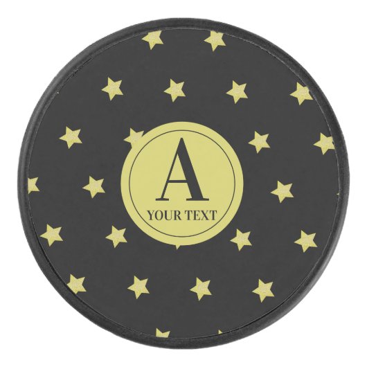 Elegant Gold & Black Star Pattern Monogram Hockey Puck (Voorkant)