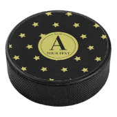 Elegant Gold & Black Star Pattern Monogram Hockey Puck (3/4)