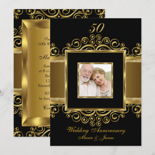 Elegant Gold & Black Swirl Foto 50 Jubileum Kaart