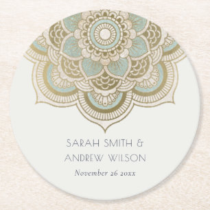 Elegant  Gold Blauwgroen Turquoise Mandala Wedding Ronde Kartonnen Onderzetter