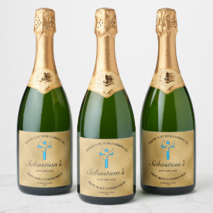 Elegant Gold Blue Cross Dove 1st Community Sparkling Wijnetiket