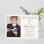 Elegant Gold Blue First Holy Communion Photo Kaart (Staand voorkant)
