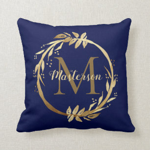 Elegant Gold Blue Foliage Wreater Family Monogram Kussen