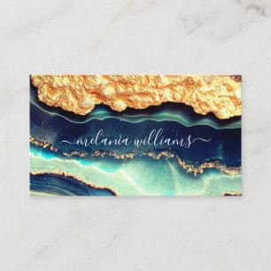 Elegant Gold Blue Marble Agate Geode QR Code Visitekaartje