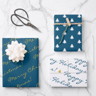 Elegant Gold Blue Merry-kerstfeestbomen Inpakpapier Vel