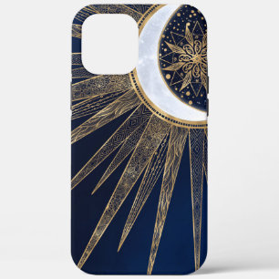 Elegant Gold & Blue Sun Moon Mandala Doodles Art iPhone 12 Pro Max Hoesje