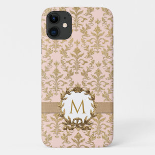 Elegant Gold Blush Pink Damask Glitter Monogram iPhone 11 Hoesje